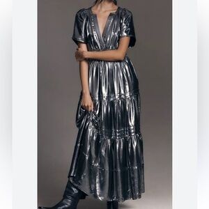 Anthropologie The Somerset Shimmering Metallic Silver Maxi Dress